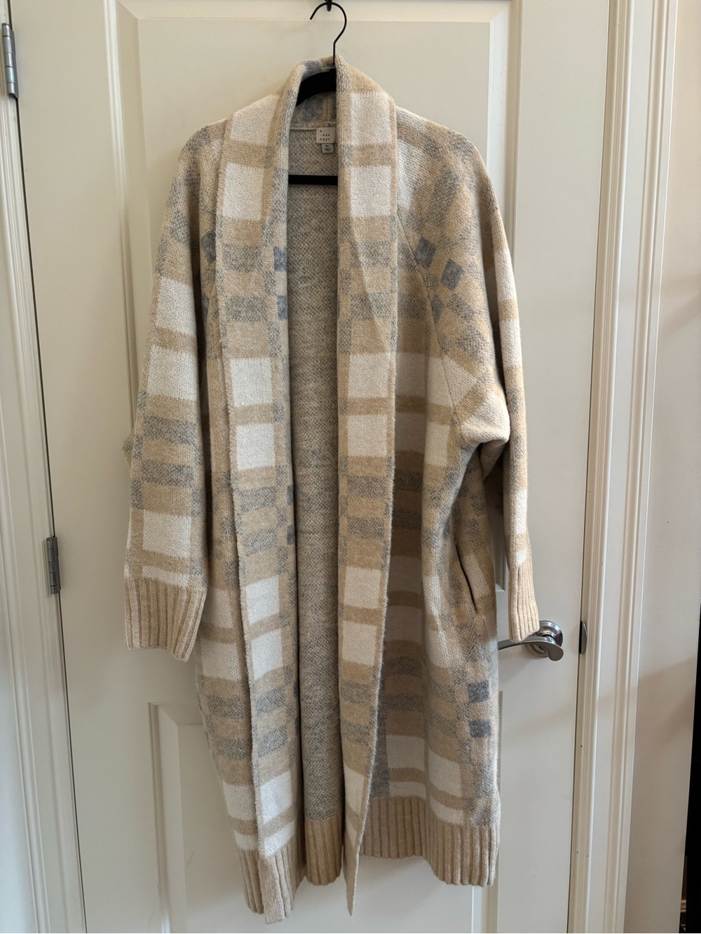 Open-Front Plaid Knit Cardigan Coat Sweater - Beige